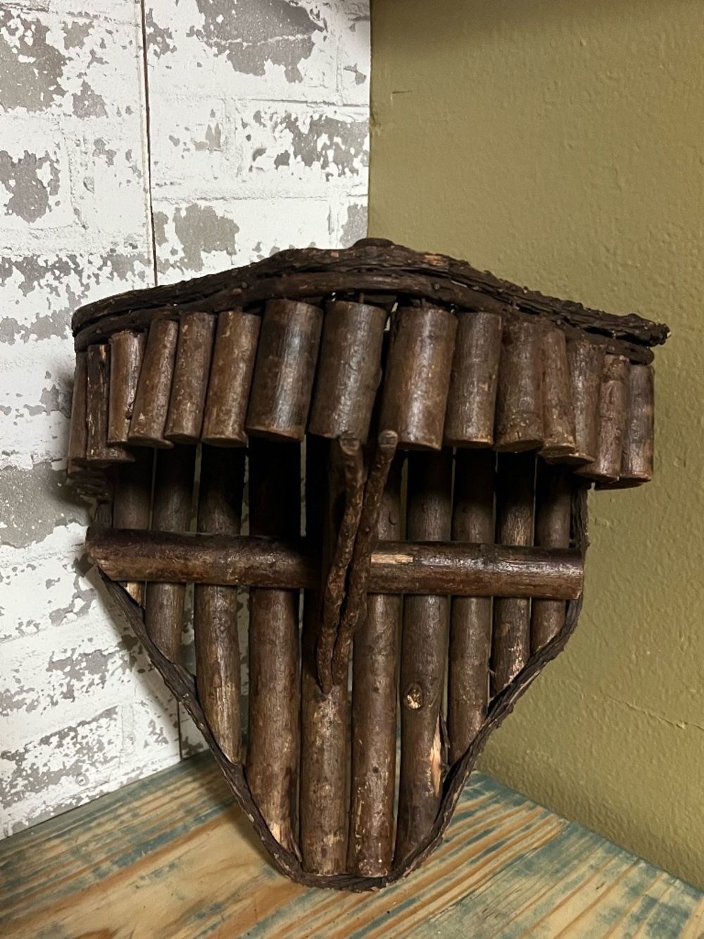 Vintage rustic Adirondack-style twig and branch wall shelf
